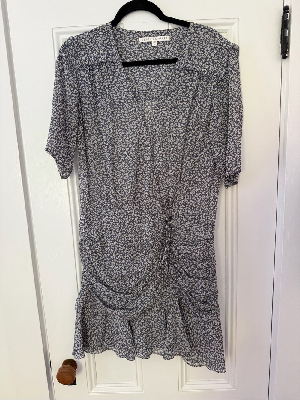 Veronica Beard Blue Floral Midi Dress with Ruching